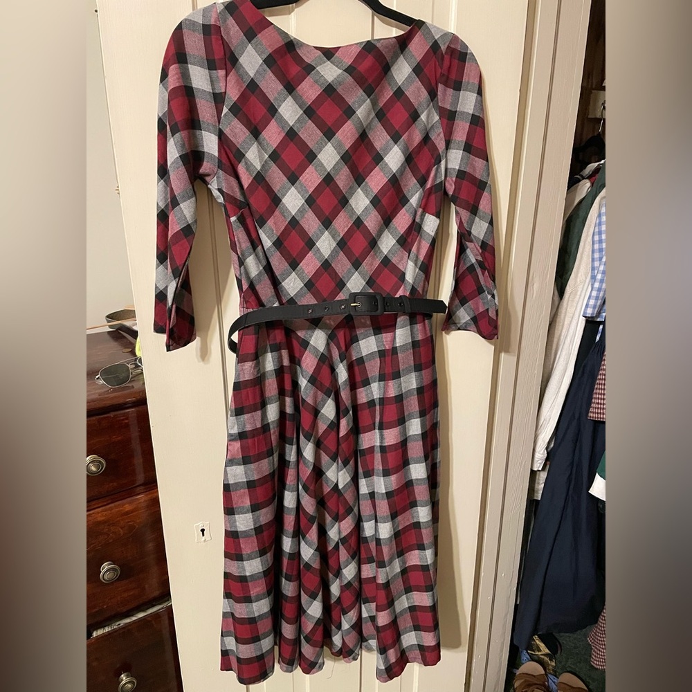 Unique Vintage Red Gray Black Plaid Fit-and-Flare Dress